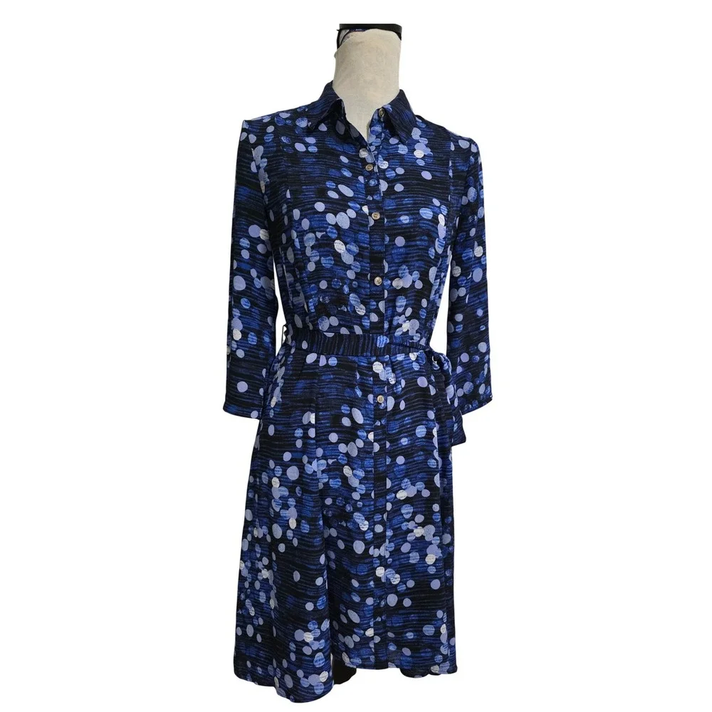 The Limited Womens Blue Polka Dot Button Front Shirt Dress Size 2 Midi Tie Waist